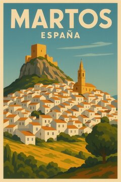 Travel poster of Martos Spain showing traditional white homes with red roofs climbing a hill beneath a castle with distant trees mountains and blue sky