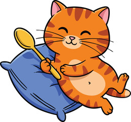 Cute orange tabby cat relaxing on blue pillow holding wooden spoon vector illustration 
