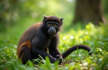 Fototapeta premium Black monkey with bright orange eyes sits on green forest floor. Wild primate looks straight ahead in natural habitat. Young animal in jungle. Curious, alert gaze shows smart nature. Sun shines
