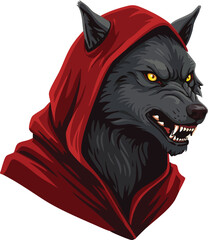 Werewolf head with fierce expression wearing red hood fantasy character design vector illustration 