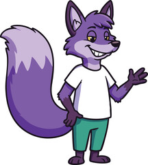 Purple anthropomorphic fox character with white t shirt and green pants waving hand cartoon vector illustration 