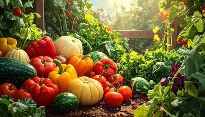 Vegetable harvest organic permaculture garden heirloom varieties tomatoes peppers squash leafy greens