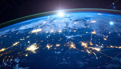 Obraz premium A vibrant dawn view of Earth from space, showcasing city lights and a connection grid overlay