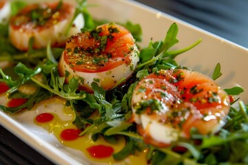 Fresh and tasty caprese salad with tomatoes, mozzarella cheese, spices and arugula served on white plate