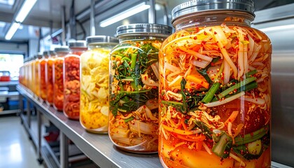 Traditional fermentation vessels containing kimchi sauerkraut other cultured vegetables temperature controlled environment