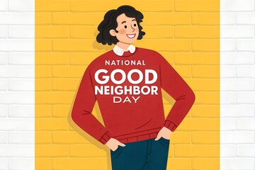 Celebrate National Good Neighbor Day with this friendly illustration of a person in a red sweater, promoting kindness, community spirit, and strong neighborhoods.
