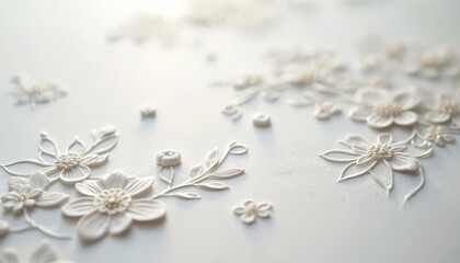 Delicate white floral embroidery adorns fabric. Intricate embossed flowers and leaves create a subtle texture on a plain background. Elegant decorative pattern for wedding or craft projects.
