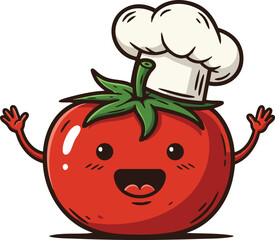 Happy red tomato character wearing chef hat with smiling face and raised arms vector illustration 