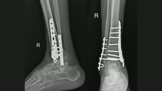 Post-operative X-ray of right ankle showing multi-plate fixation with screws &ndash; AP and lateral views