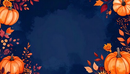 Watercolor autumn composition with orange and burgundy leaves deep navy blue background