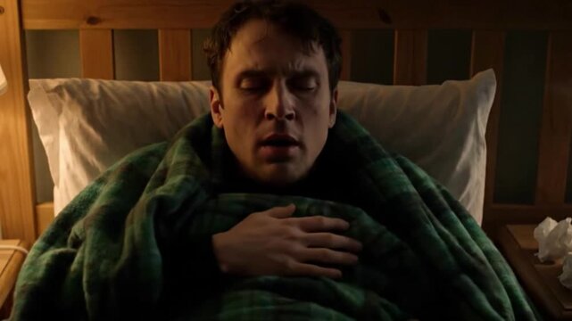 A sick exhausted man with fever and flu symptoms resting in bed wrapped in a warm blanket feeling unwell and needing serious recovery from his painful illness