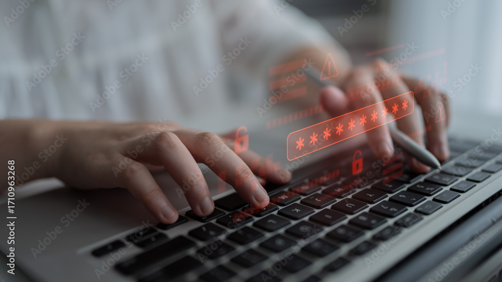 Poster password security breach warning with red asterisk box, cybersecurity alert, lock icons, and critica
