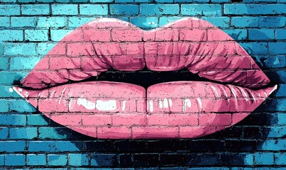 Pink lips painted on a teal brick wall