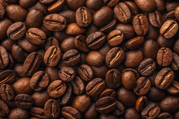 Naklejka premium Close-up macro texture of freshly roasted coffee beans, a full-frame background of rich, aromatic brown whole grains for coffee lovers. 