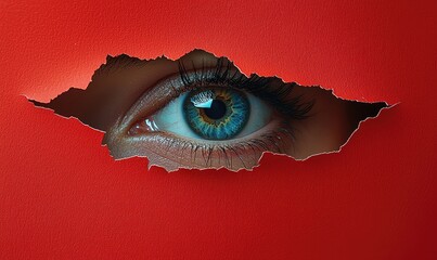 A close-up of a blue eye peeking through a ripped red paper