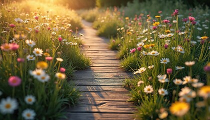 Wooden path with flowers at sunset in garden. Daisies grow on sides of planks. Summer nature with sunlight in park. Romantic walkway between meadow full with colorful wild blossoms.