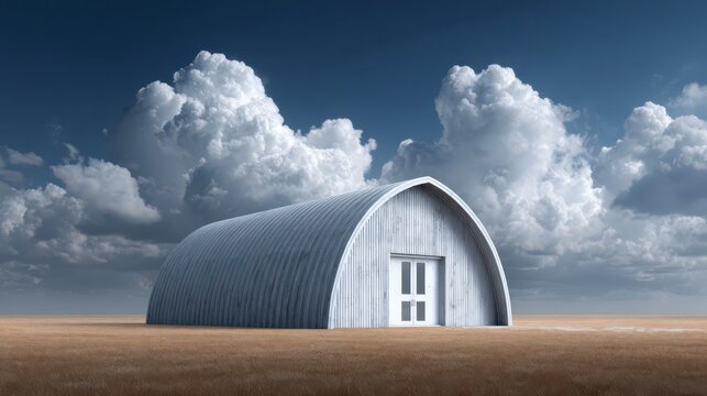 Industrial Quonset Hut: A modern, metallic Quonset hut stands stoically amidst a vast, open plain beneath a dramatic, cloud-filled sky. Its architecture is minimal, yet impactful.