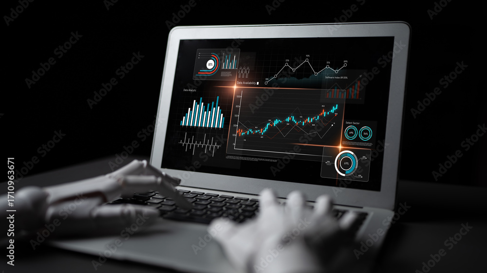 Poster ai analyzing data analytics dashboard, detecting financial patterns, visualizing metrics, and genera