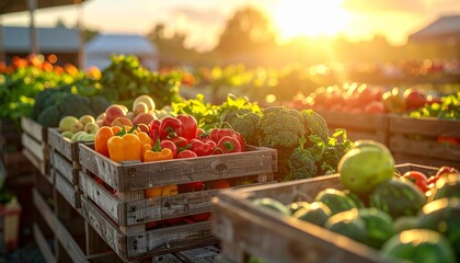 Local farmers market during golden hour lighting, organic farm fresh vegetables fruits arranged rustic wooden crates