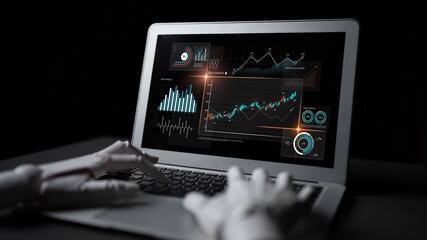 AI analyzing data analytics dashboard, detecting financial patterns, visualizing metrics, and...