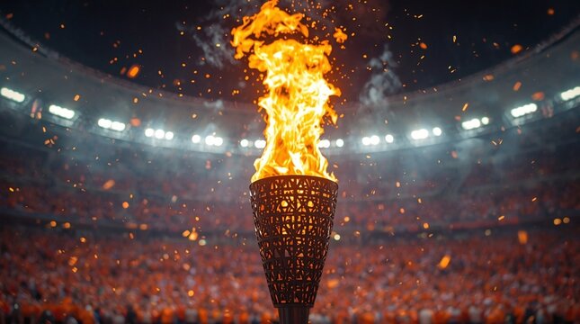 Burning ceremonial torch with bright flames inside a packed stadium during opening ceremony, symbol of unity, passion and sports spirit, dramatic fire and glowing sparks in front of cheering crowd - Powered by Adobe