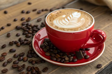 A vibrant red cup and saucer with rosetta latte art, placed on a rustic wooden table surrounded by scattered coffee beans and dark chocolate.

