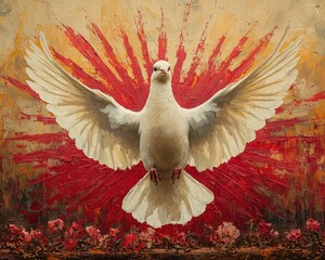A white dove in flight, surrounded by a vibrant red and ochre background