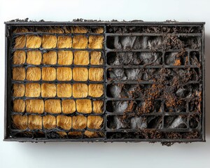 Dirty air filter halves, showing clean and dirty sides