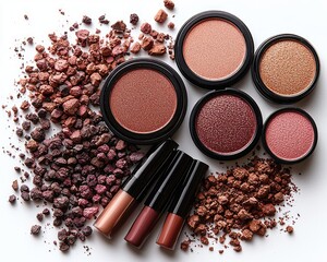 Assorted makeup products arranged on a white background with decorative rock-like material