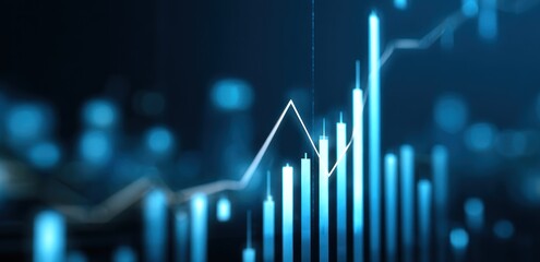 A dynamic representation of upward trending financial data, highlighted by bright, light-blue bars and lines against a dark background.
