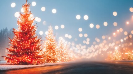 Naklejka premium Colorful lighted trees brighten a snowy path during the winter season