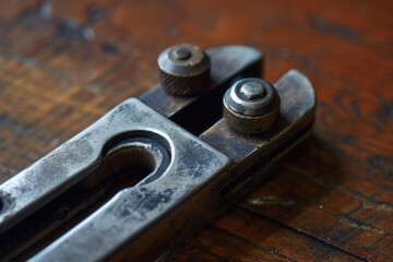 Close up of an old rusty glass cutter lying on wooden tabletop