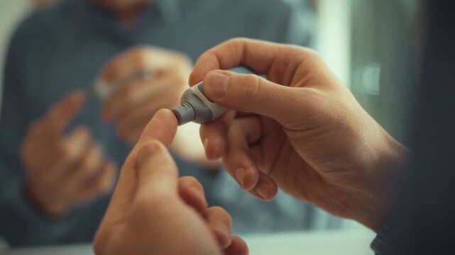 Sugar test. A man is doing a blood sugar test. Close-up of his hands, using a device with a lancet needle to prick the skin of his finger. The concept is health care and control over your body