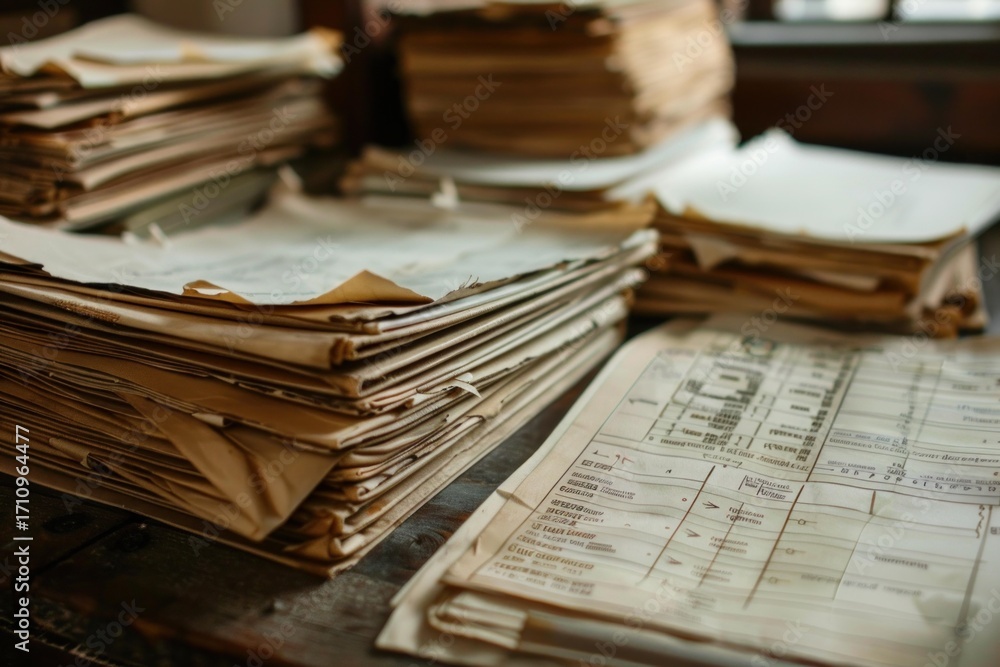 Aufkleber stacks of old paper documents are creating an archive of information