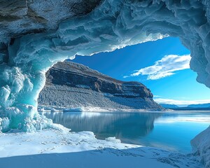 Ice cave opening to a winter landscape