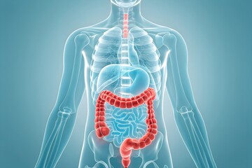 Anatomical illustration of the human digestive system with the colon highlighted, symbolizing gastroenterology, gut health, and internal medicine.
