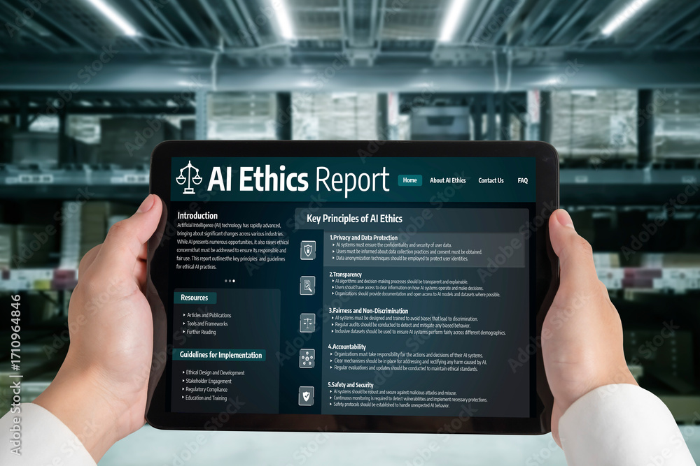 Poster ai ethics responsibility standard law and rules on computer screen provide report of ai ethic transp