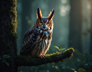 Obraz premium A detailed photo of an owl perched on a tree branch. The owl has bright orange eyes and intricate feather patterns. It sits in the green forest. Nature and wildlife.