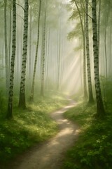 Sunlit Path Through a Misty Birch Forest with Dense Green Undergrowth