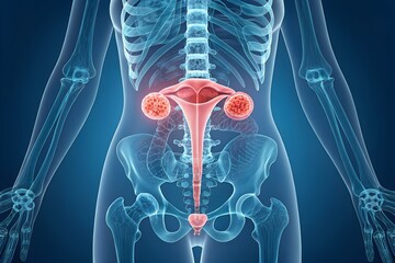 Anatomical illustration of the female reproductive system showing the uterus, ovaries, and fallopian tubes within the pelvic skeleton for medical education.
