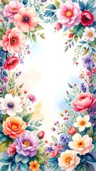 Floral frame with pastel flowers and watercolor background