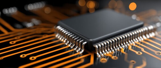 Close-up view of a dark gray integrated circuit chip set on a circuit board with bright orange wiring.