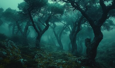 Misty forest with gnarled trees