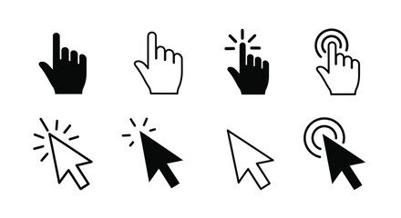 Cursor Icon Set Featuring 8 Stylized Hand and Arrow Designs with Click and Touch Effects for UI/UX and Web Interaction Design