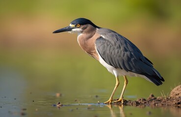 Fototapeta premium Green heron bird stands on muddy water edge. Wildlife animal portrait in natural habitat. Ornithology photo of bird in water. Aquatic avian creature at water