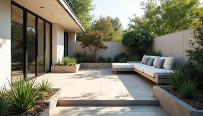 Fototapeta premium Modern home backyard terrace design. Minimalist patio with plants in stone planters. Relaxing outdoor living space with grey sofa and pillows near house. Landscape design adds luxury to property.