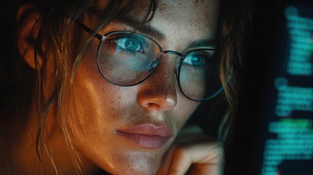 Close-up portrait of a focused female programmer with glasses illuminated by screen glow
