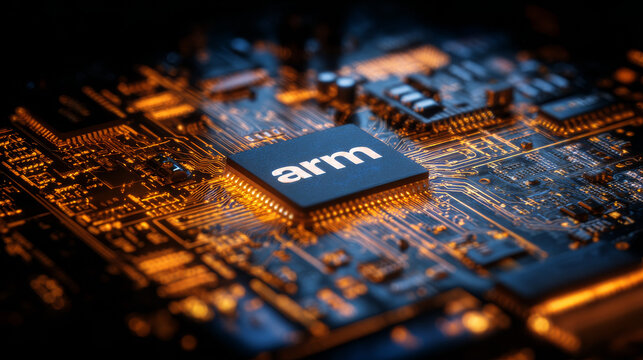ARM processor chip on circuit board with illuminated connections
