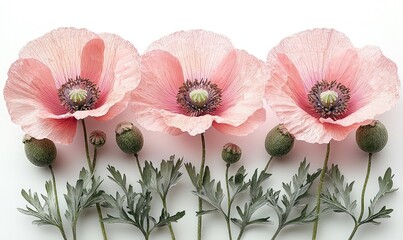 Delicate pink poppies arranged in a horizontal row against a white background.  Three blossoms with light green leaves and seed pods