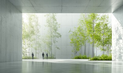 Modern concrete interior space with lush greenery.  Sunlight streams through